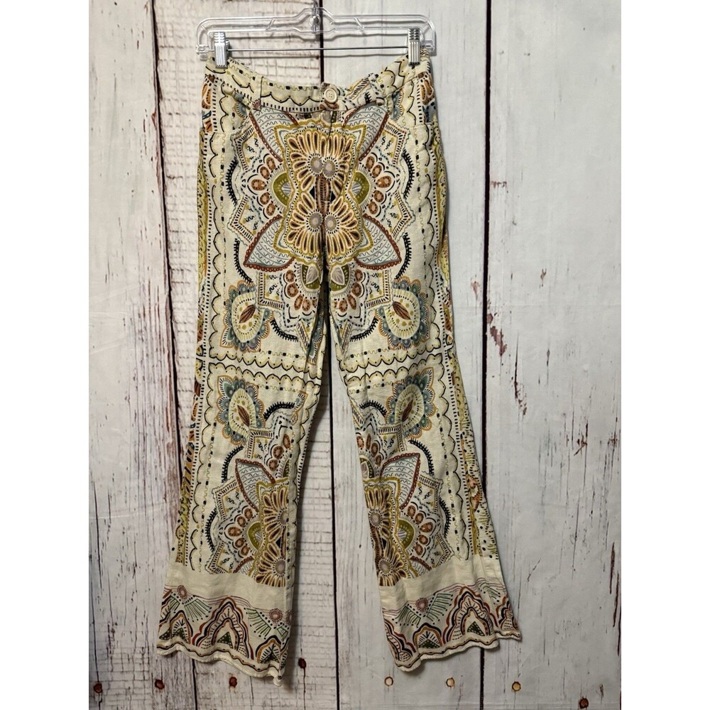 Zara Linen Blend Abstract Paisley Mini Flare Trouser Boho Women’s Size Small